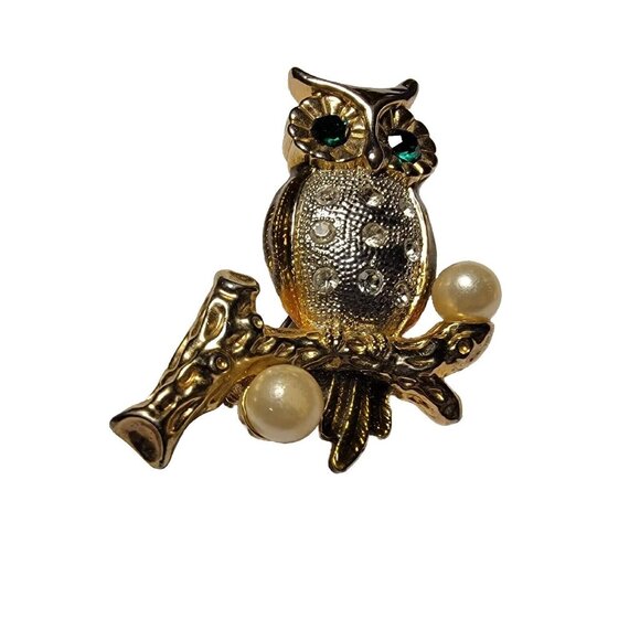 Vintage Horned Owl on Branch Lapel Pin Gold Tone Clear Rhinestone. G-4 - Picture 2 of 4